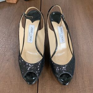 Jimmy Choo Leather Glitter Accents Slingback Pumps 37.5